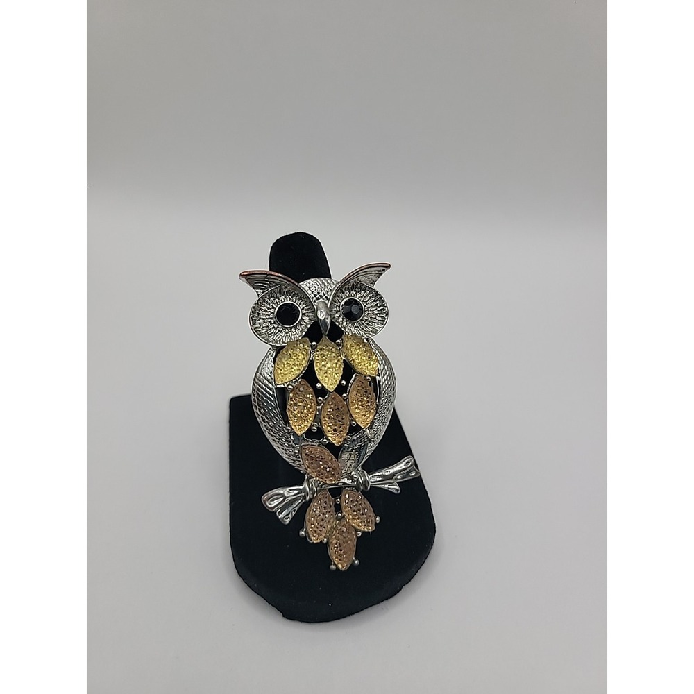 Vintage Silver Tone Owl Stretch Ring Gold Tone Accents Whimsical Animal Jewelry - Picture 2 of 10
